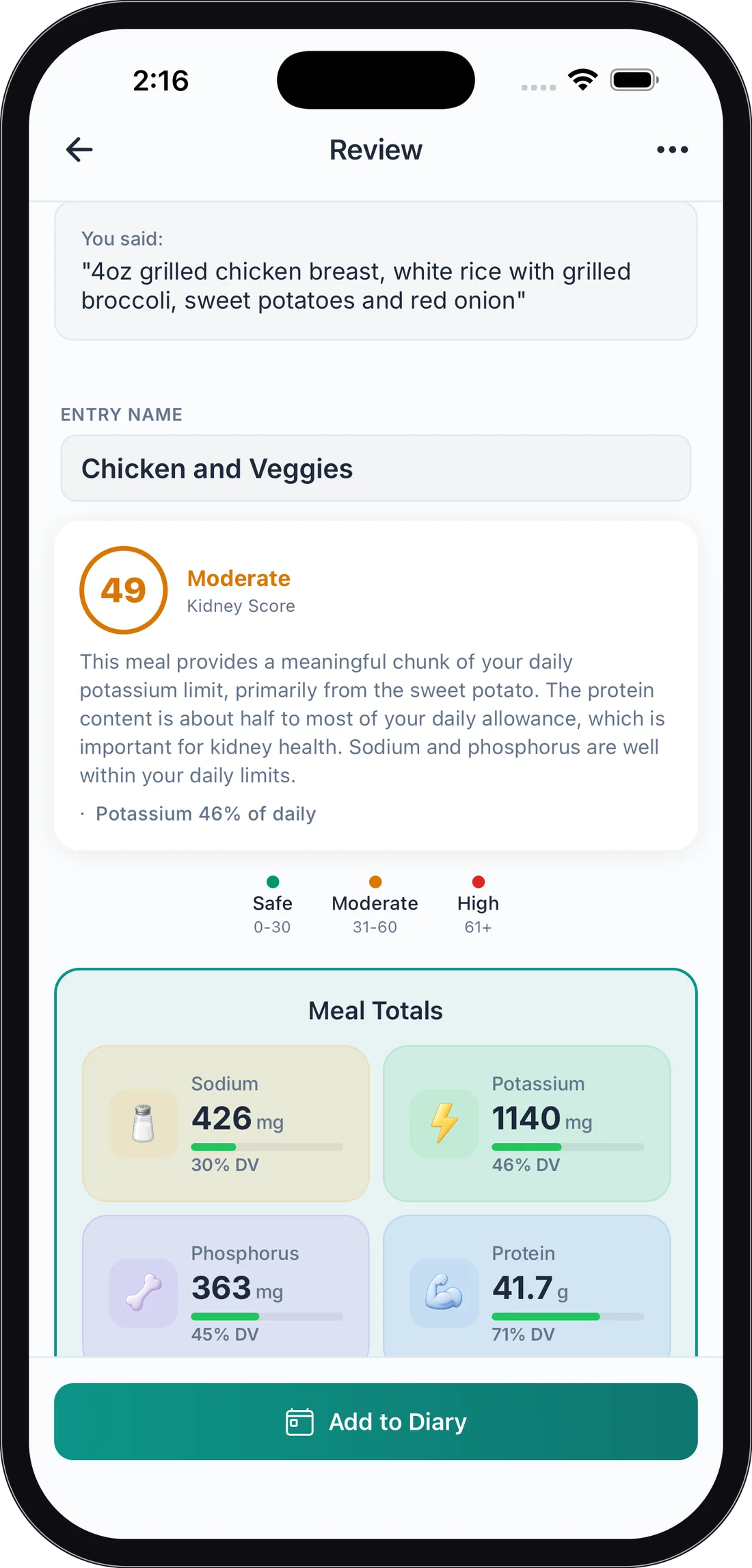 The Review screen showing the You said card, a Kidney Score of 49 Moderate, and Meal Totals