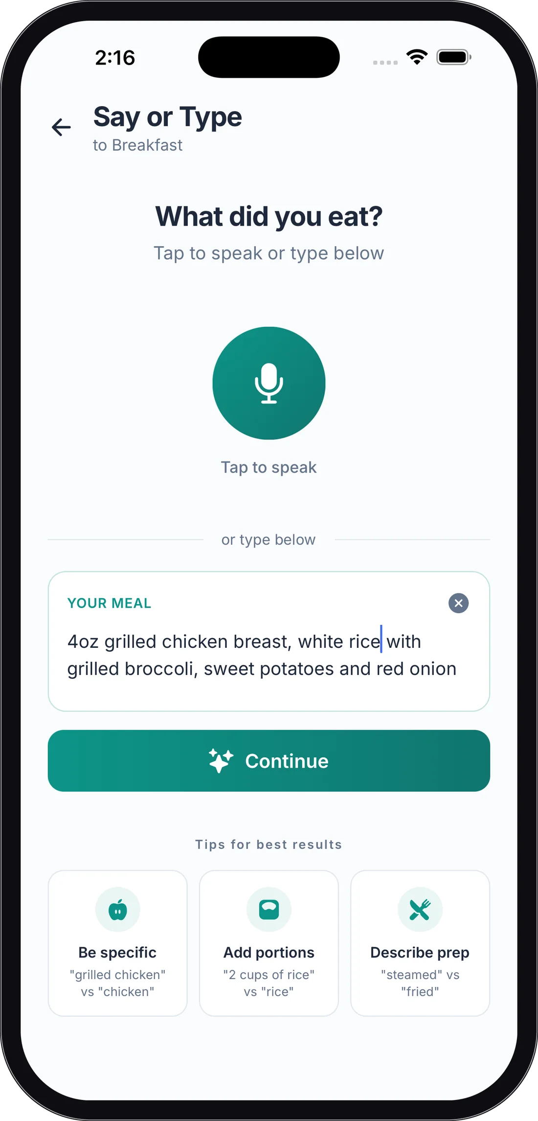 The Say or Type screen with the Tap to speak microphone button and a typed meal description