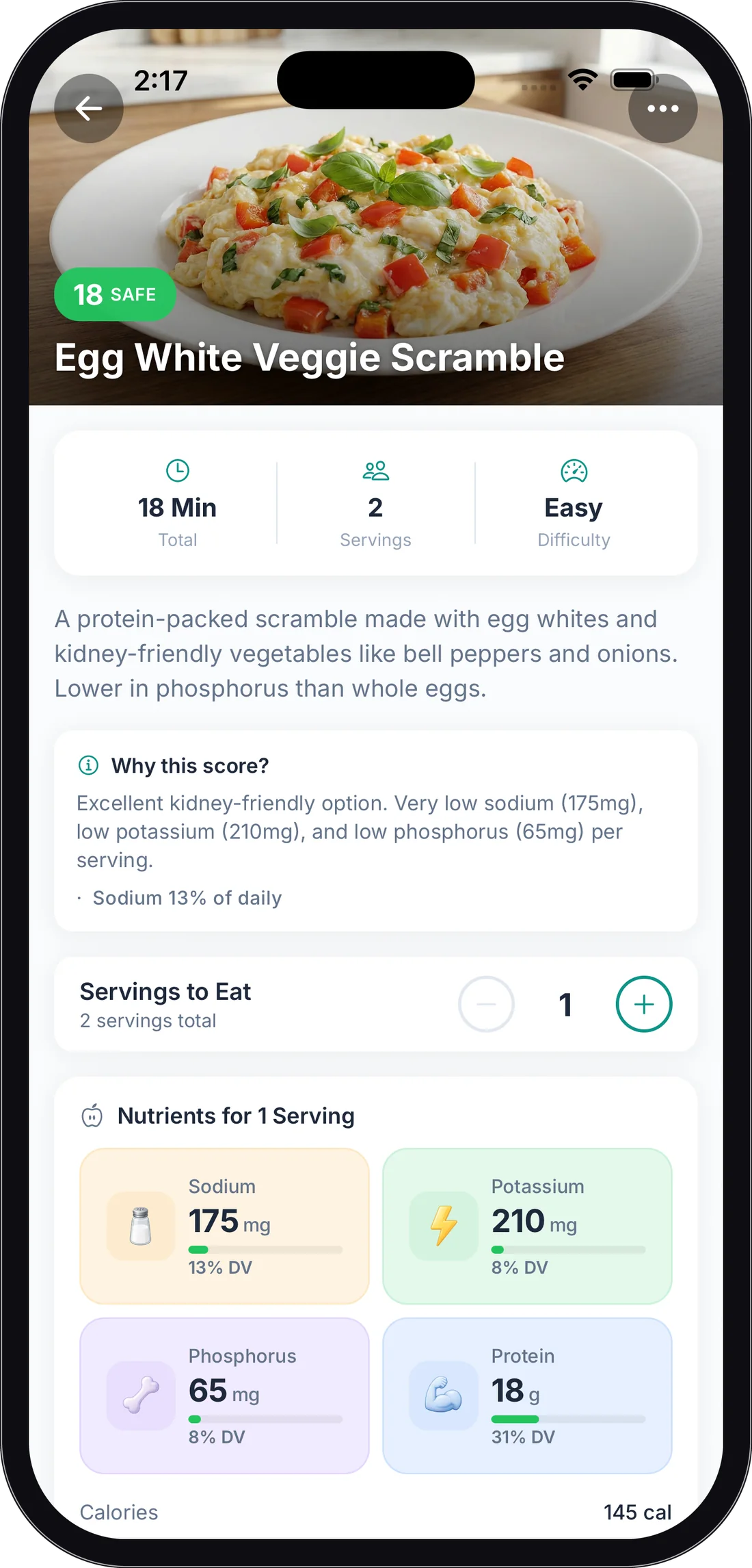 A recipe page showing the Safe score badge, time, servings, difficulty, the Why this score explanation, Servings to Eat, and per-serving nutrients