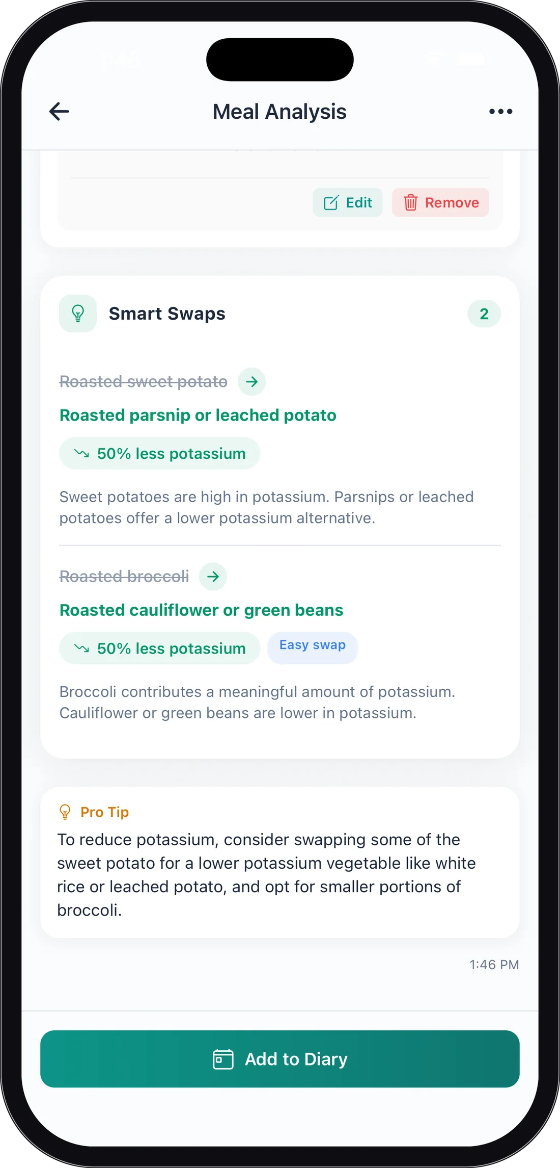 The Smart Swaps card suggesting a kidney-friendlier ingredient swap with the potassium reduction shown