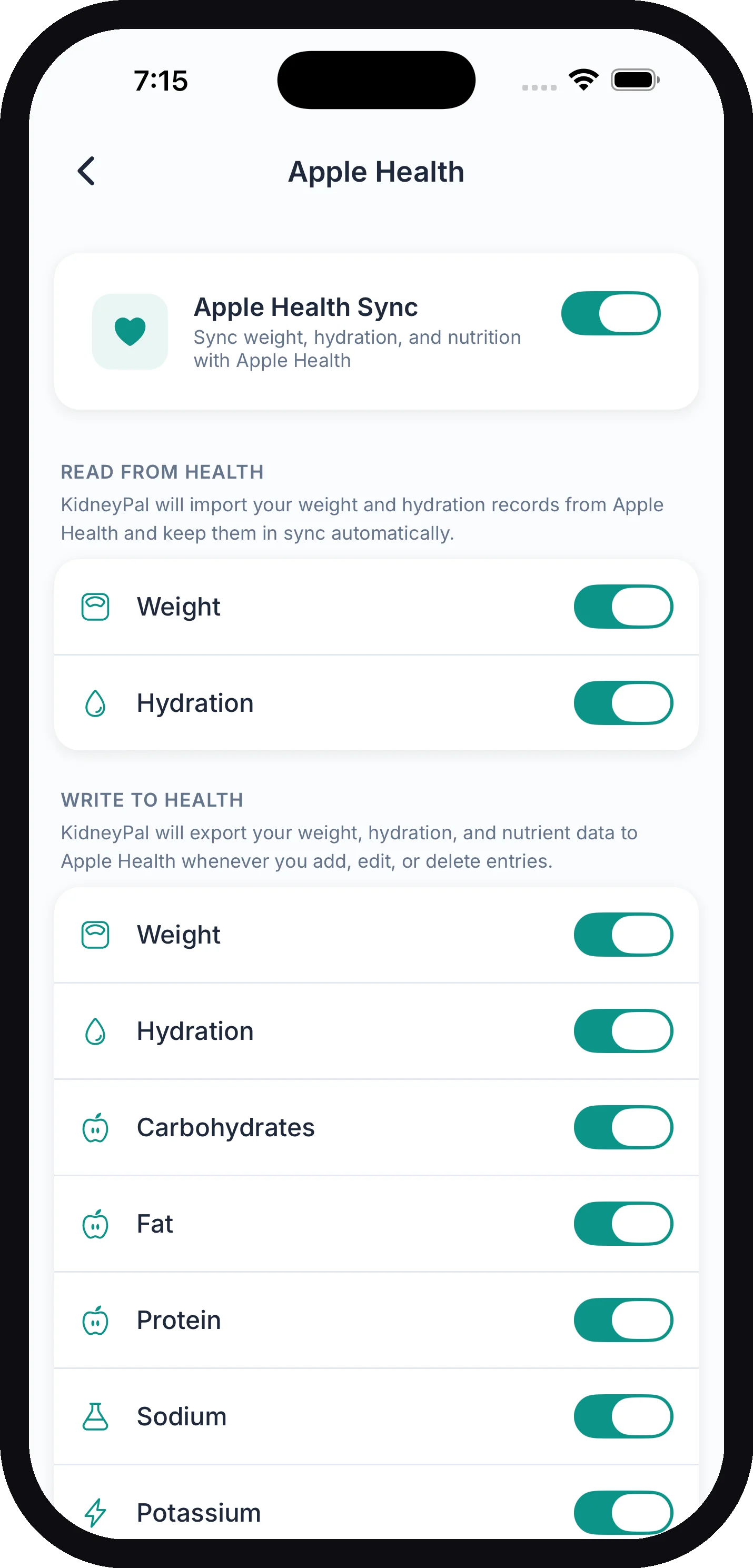 The Apple Health screen with the sync toggle on and the Read from Health and Write to Health permission lists
