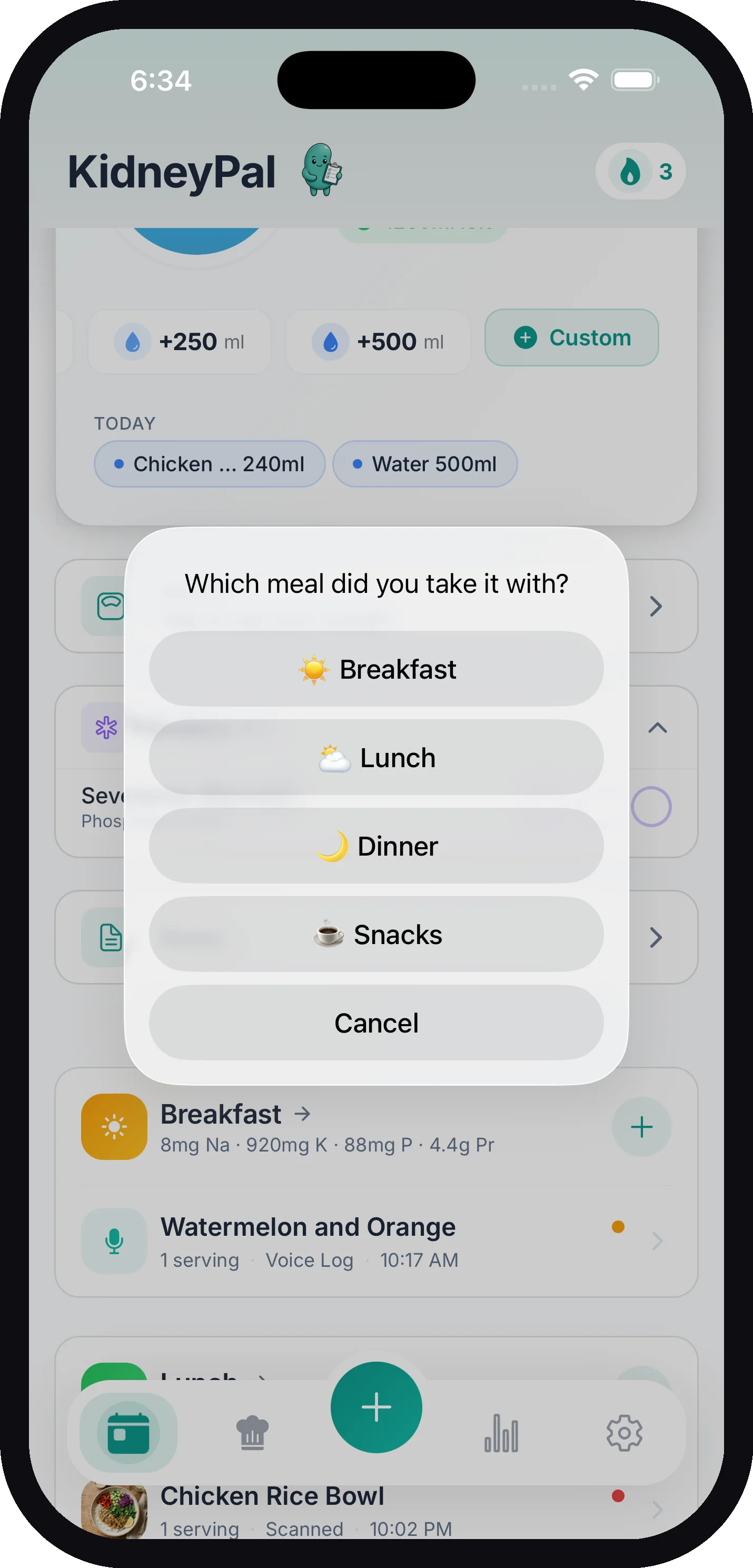 The Which meal did you take it with picker offering Breakfast, Lunch, Dinner, and Snacks