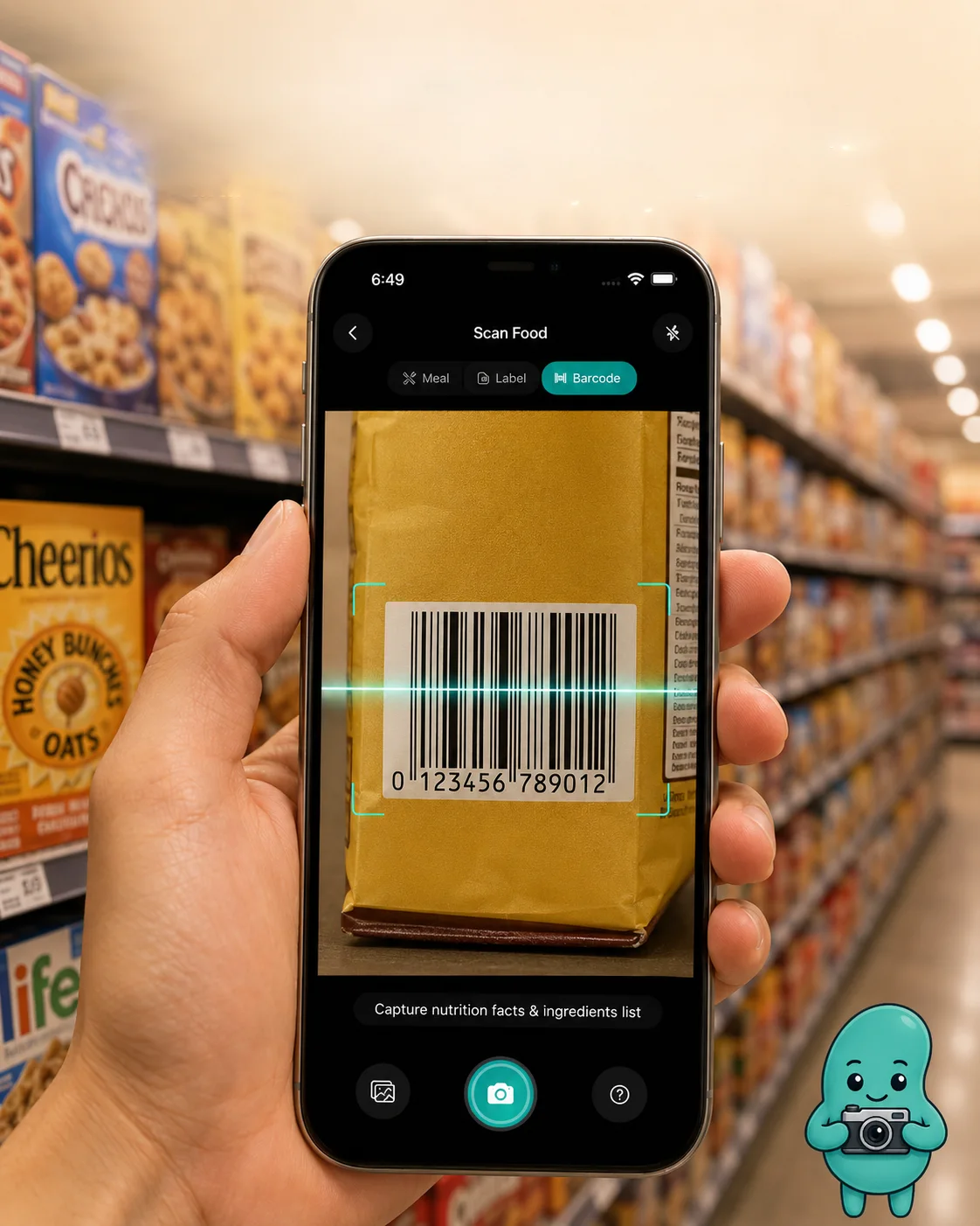 A hand holding a phone in a grocery aisle with the camera in Barcode mode, the scan line crossing a product barcode