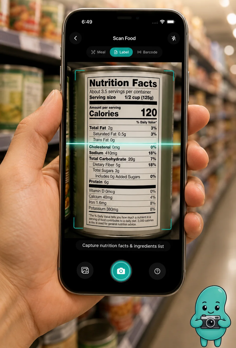 A hand holding a phone in a grocery aisle with the camera in Label mode framing a can's nutrition facts panel