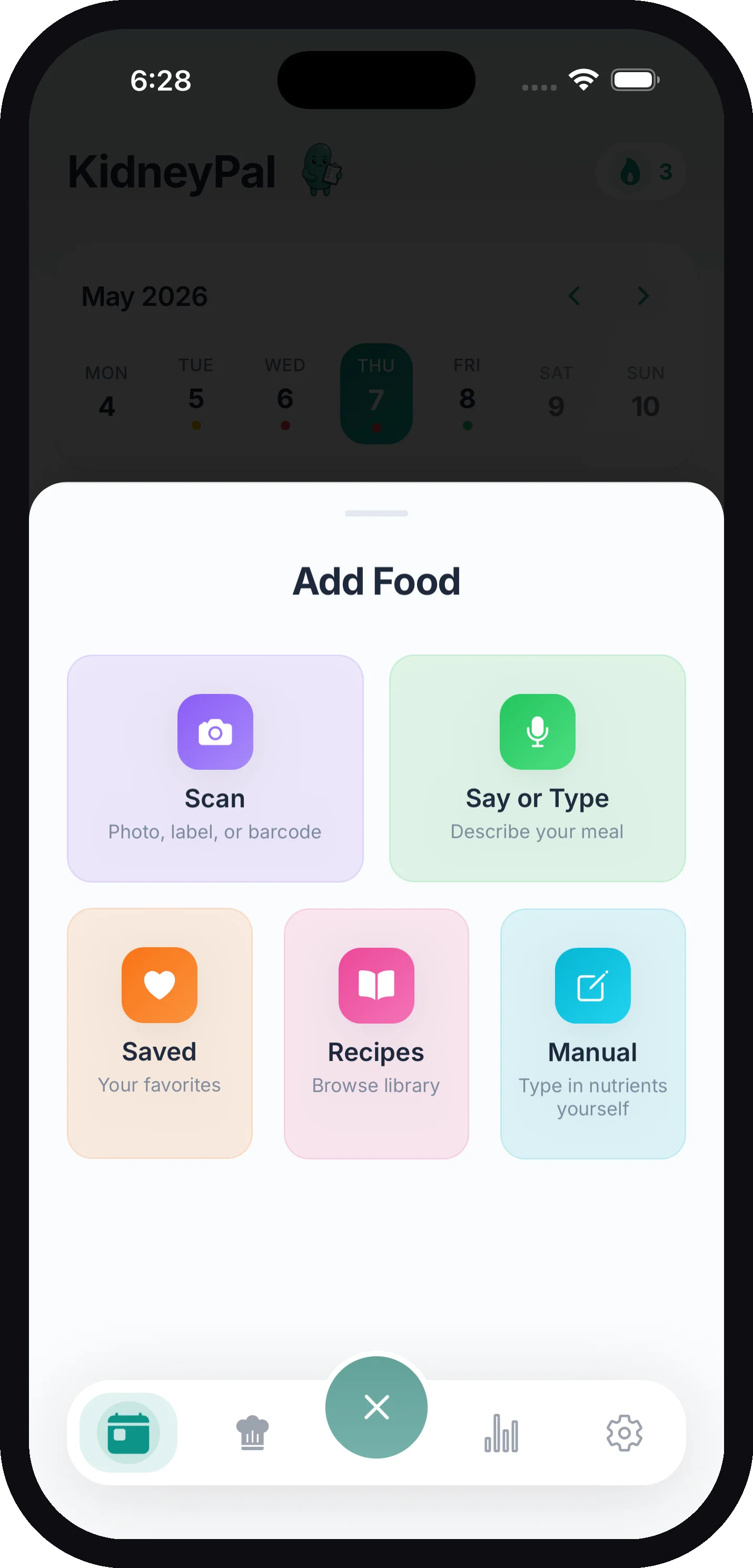 The Add Food sheet showing the Scan, Say or Type, Saved, Recipes, and Manual options