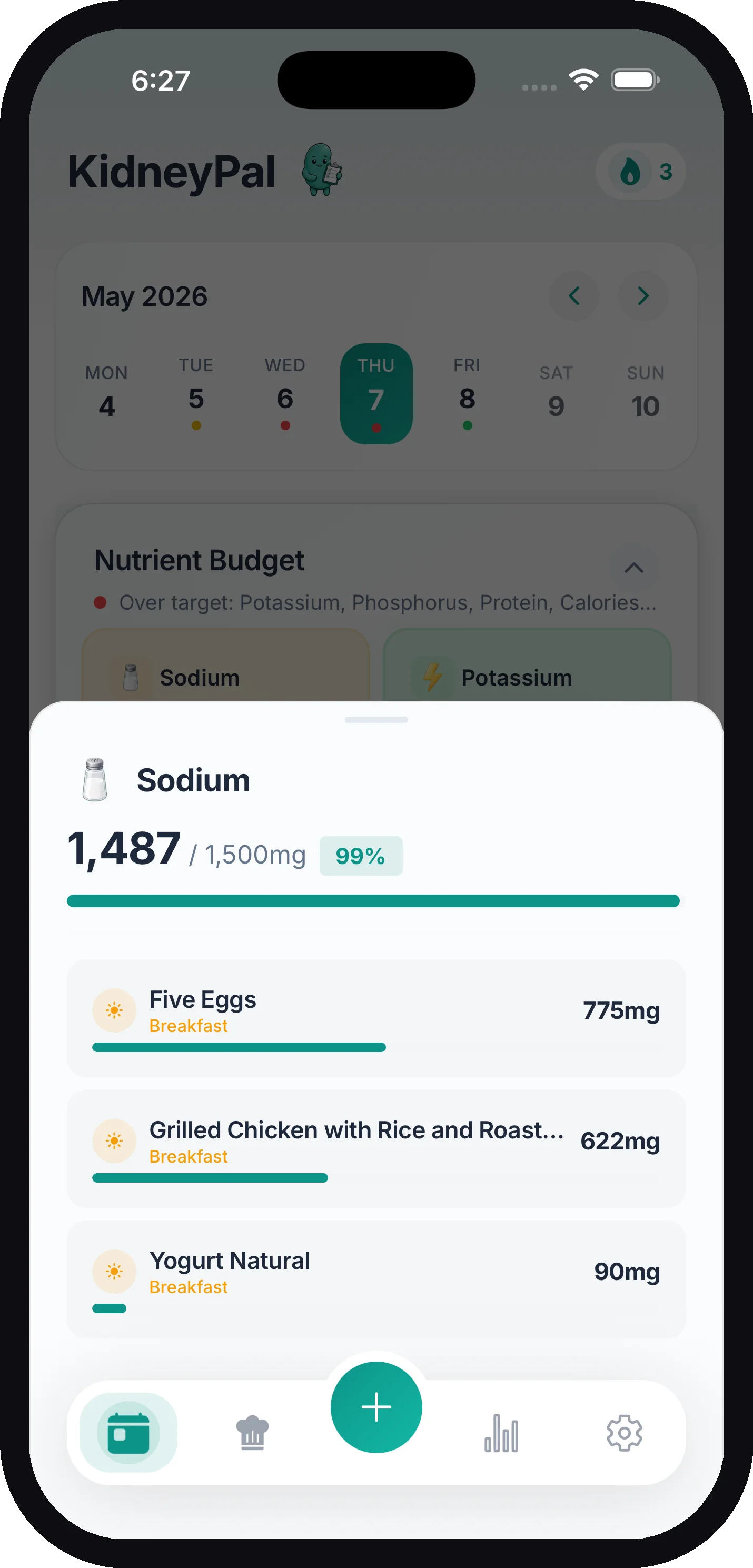 The Sodium breakdown sheet showing 1,487 of 1,500 mg used and the foods that contributed to it