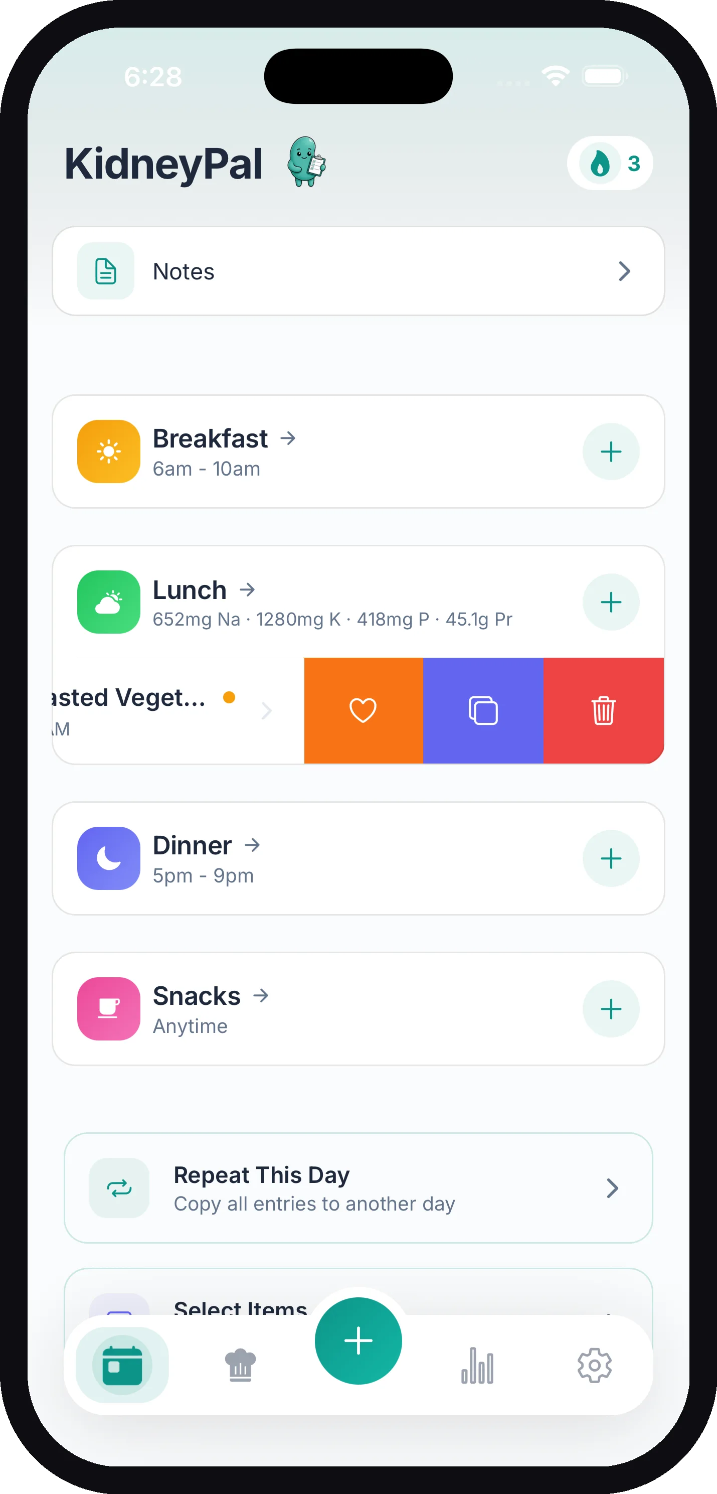 A lunch entry swiped left, revealing the heart, copy, and delete buttons