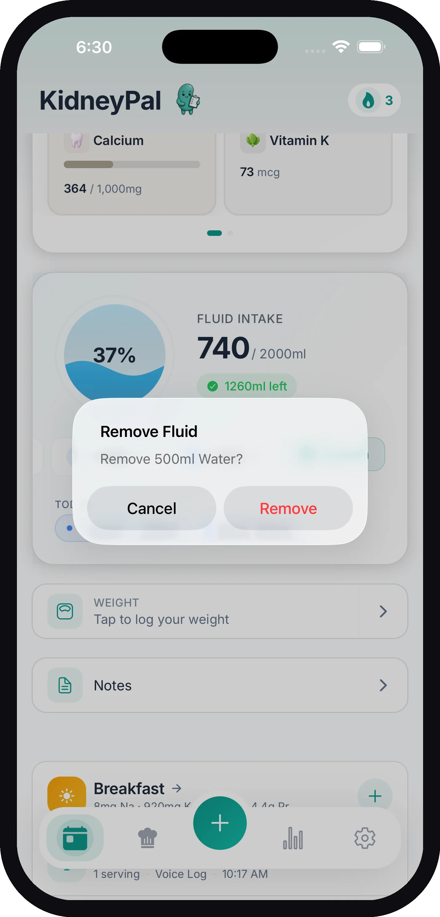 The Add Water sheet with quick amounts from 100 to 750 ml and a custom amount field