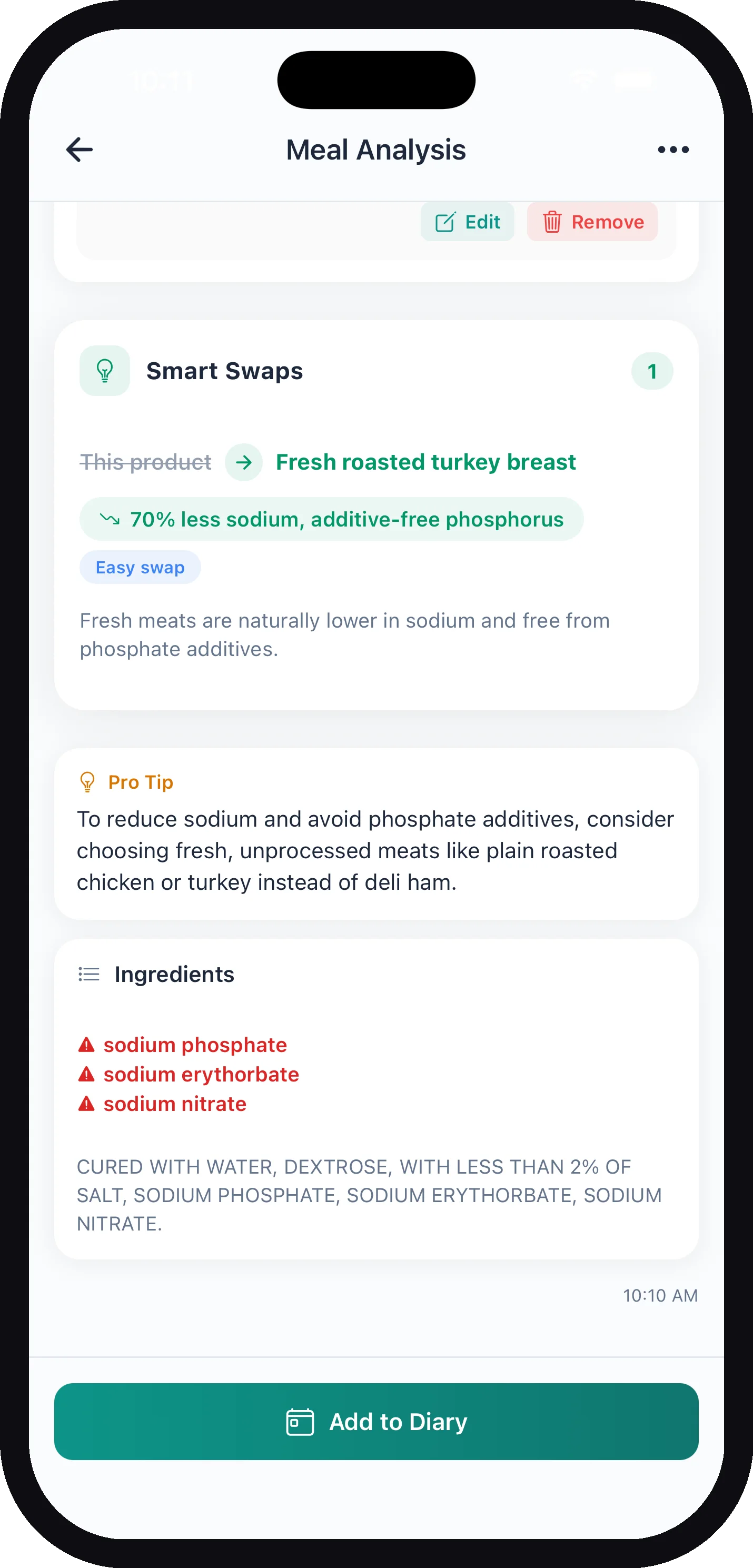 The Ingredients section of a label scan with sodium phosphate, sodium erythorbate, and sodium nitrate each flagged in red with a warning icon, above the original ingredient text