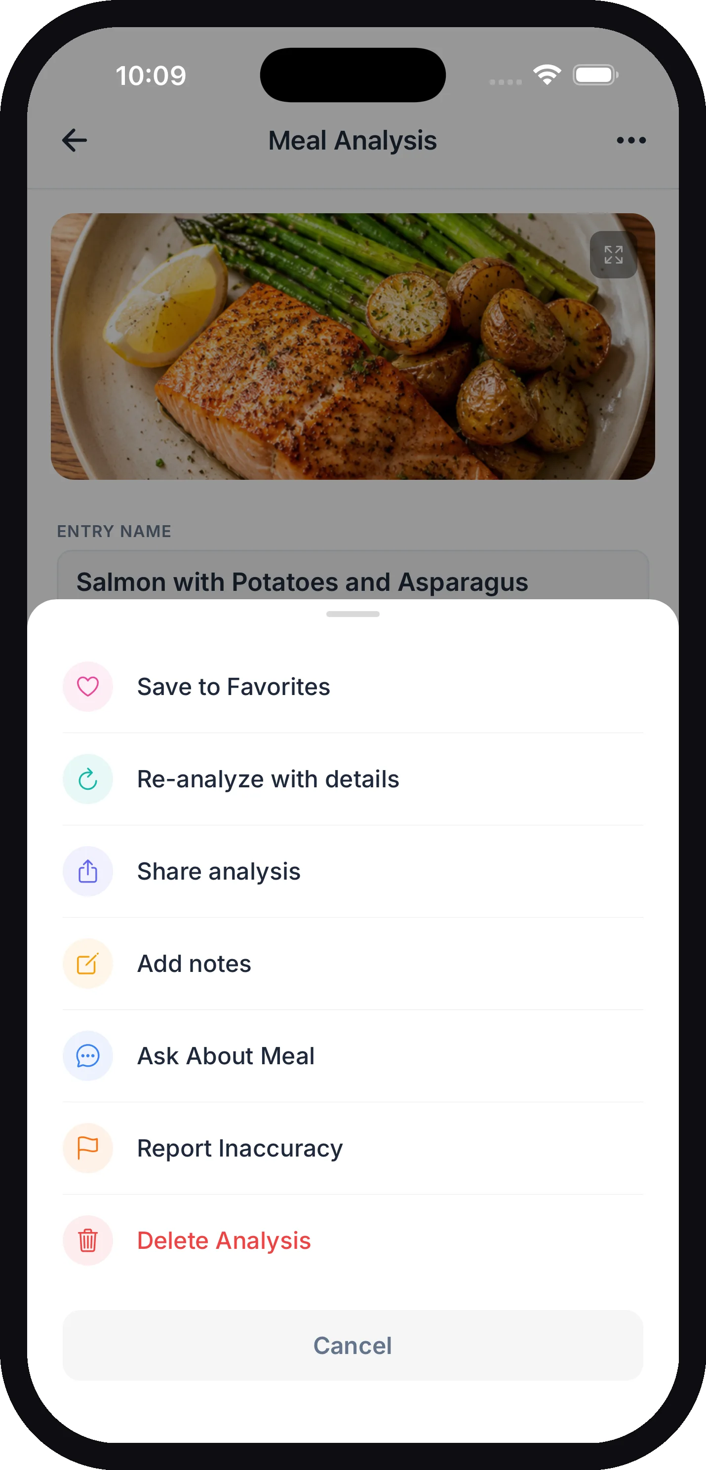 The Meal Analysis menu open, showing Save to Favorites, Re-analyze with details, Share analysis, Add notes, Ask About Meal, Report Inaccuracy, and Delete Analysis