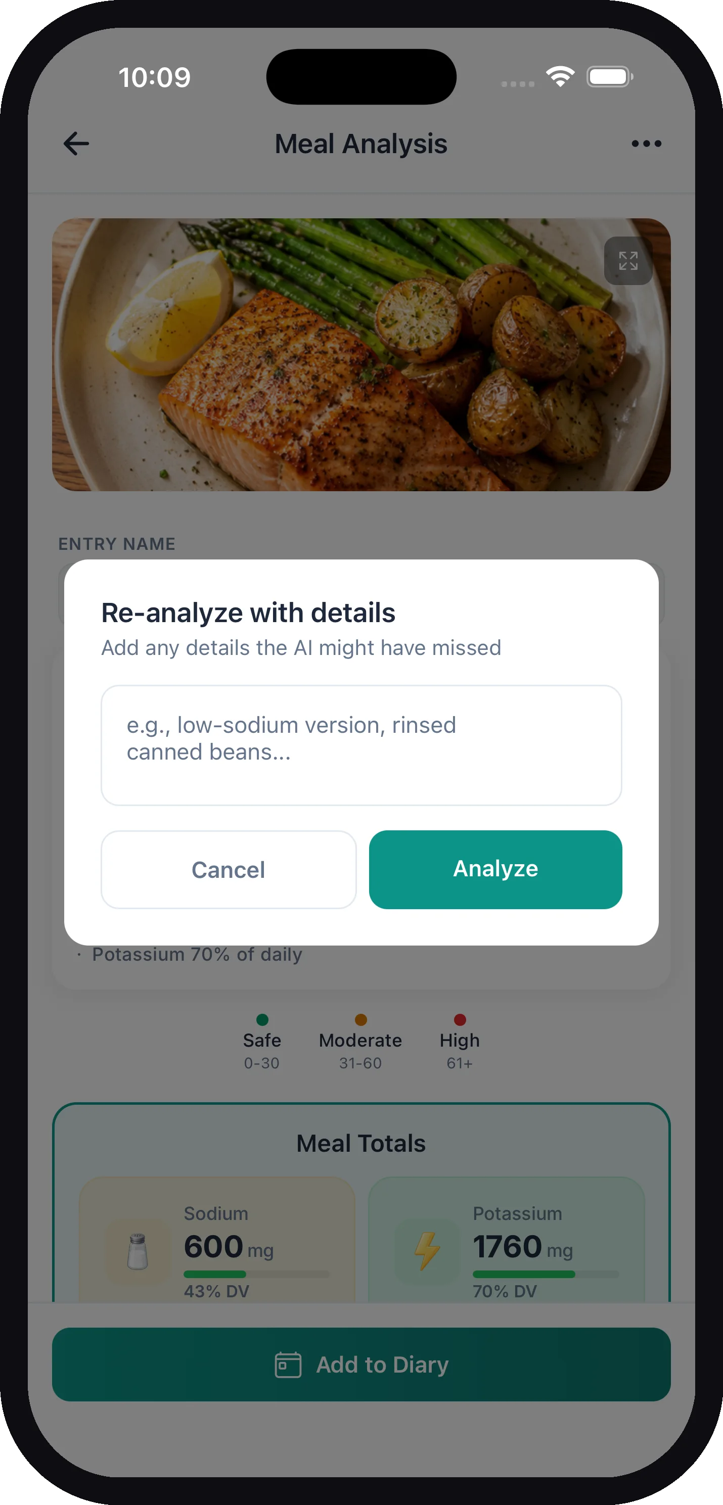 The Re-analyze with details dialog with a text box prompting for details the AI might have missed, like a low-sodium version or rinsed canned beans