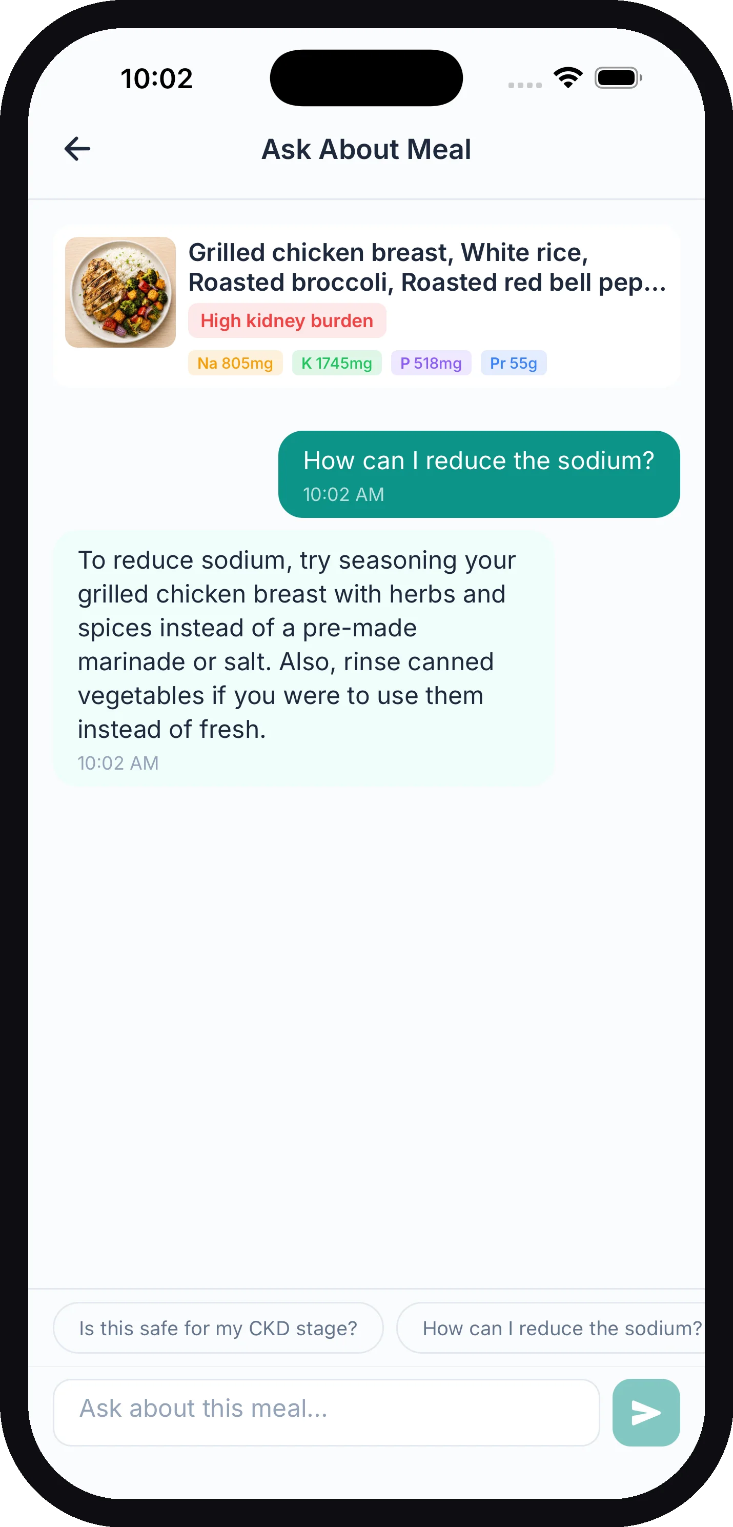 A meal chat conversation asking how to reduce the sodium in a scanned meal, with the AI's personalized answer below