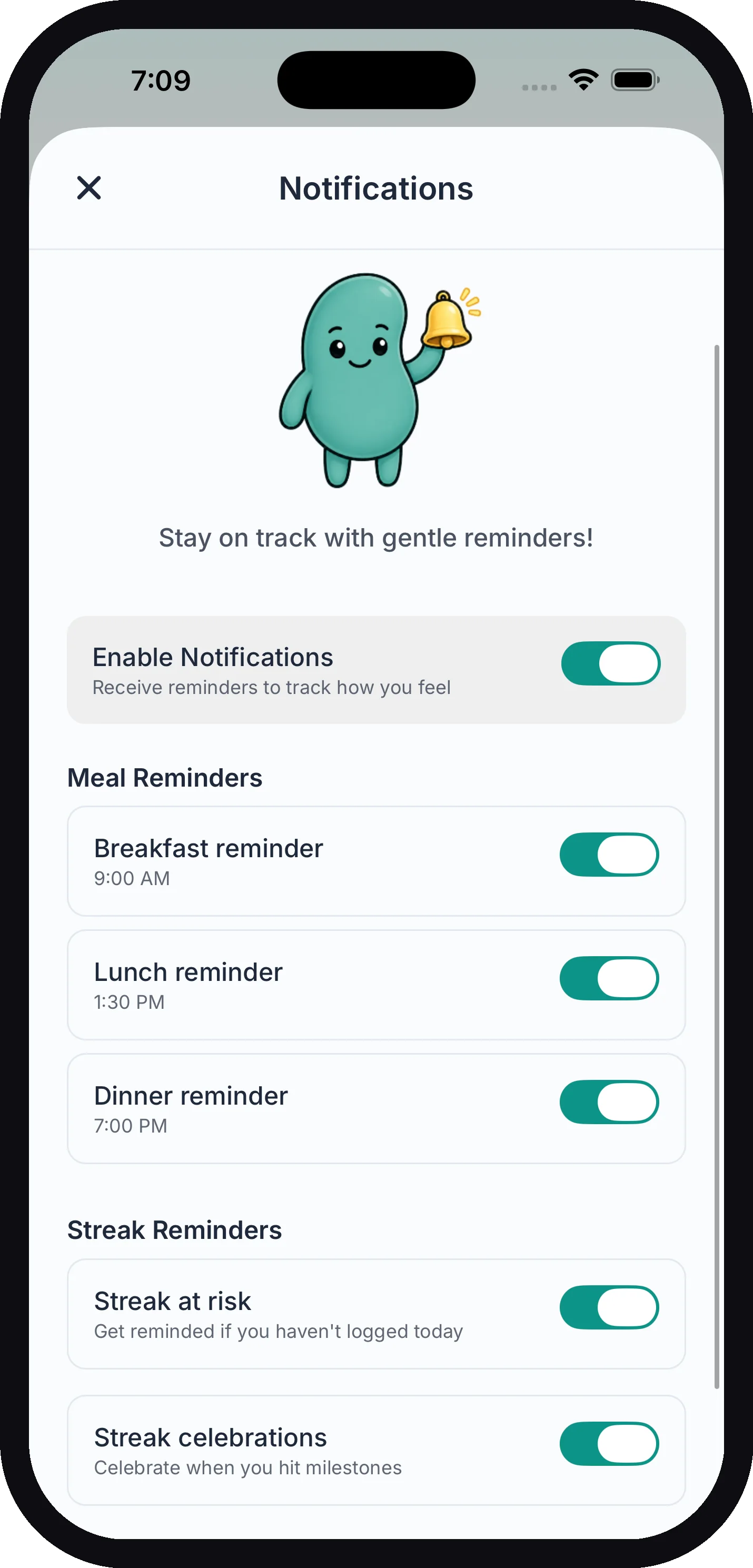 The Notifications screen with the mascot, the Enable Notifications toggle, meal reminders with their times, and streak reminders