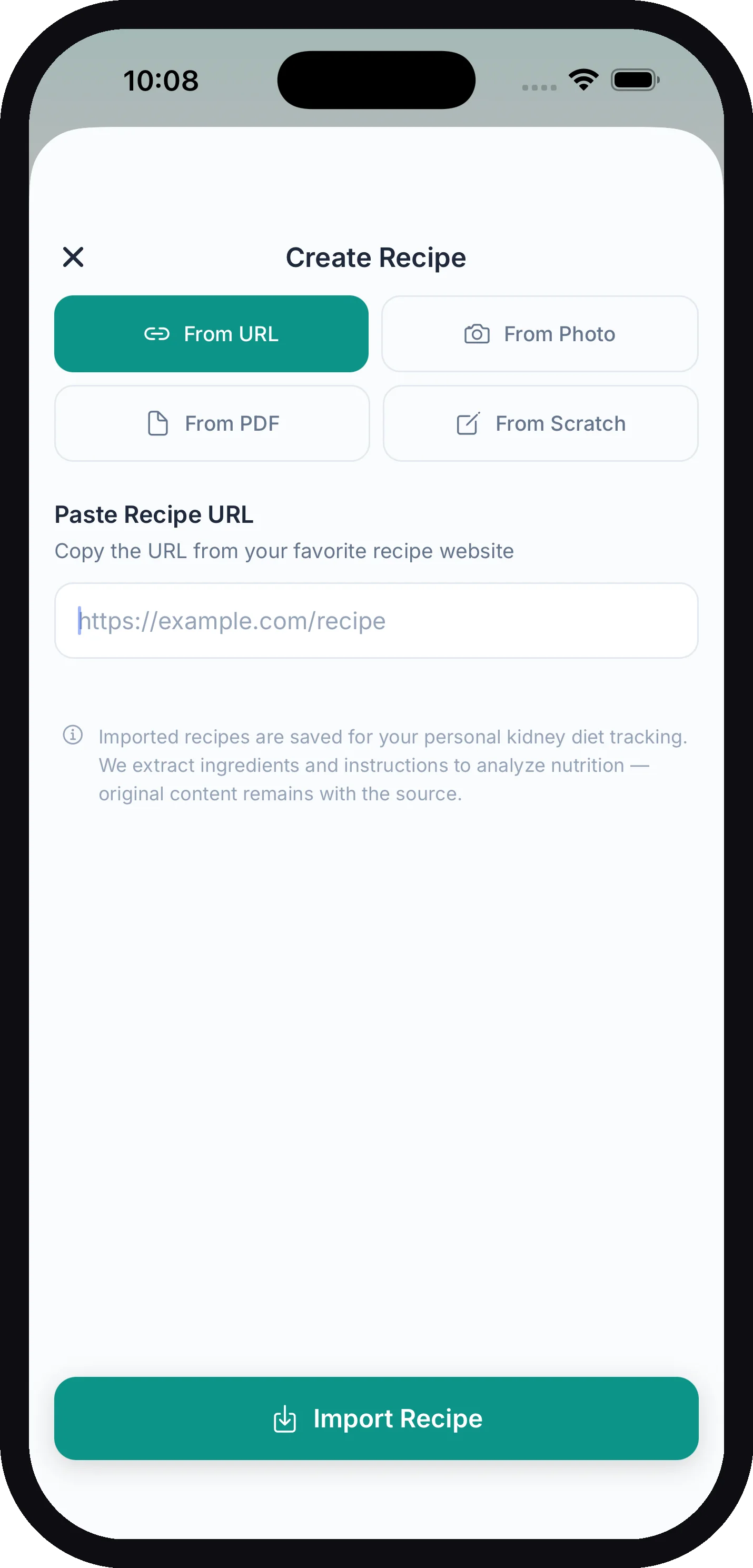 The Create Recipe screen with From URL, From Photo, From PDF, and From Scratch options, a field to paste a recipe URL, and an Import Recipe button