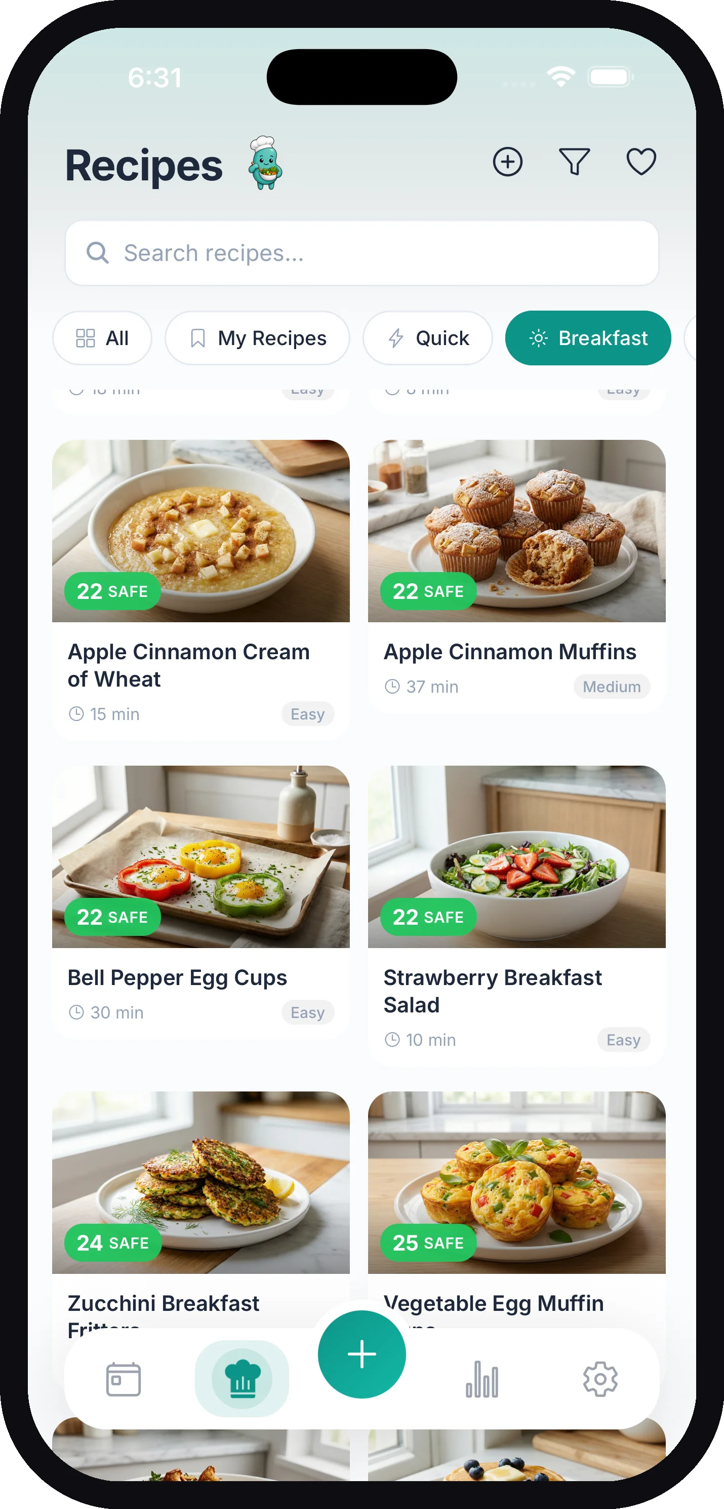 The Recipes tab with search, filter chips, and breakfast recipes showing green Safe score badges