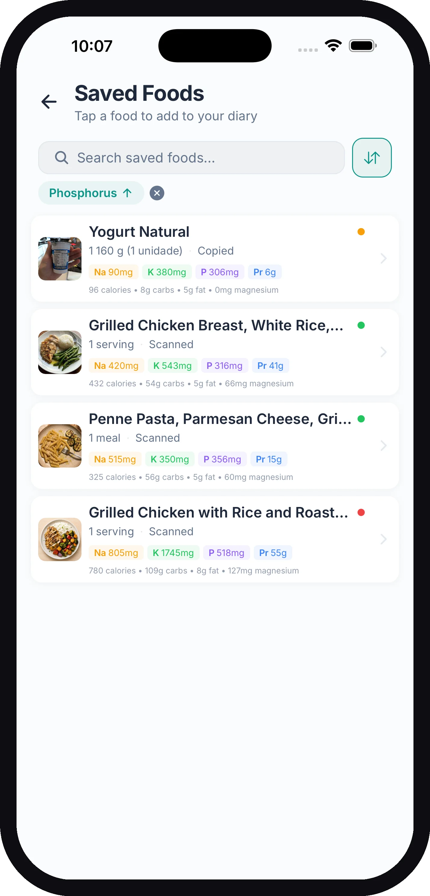 The Saved Foods library with a search bar, a Phosphorus sort filter, and several saved foods each showing a safety dot and its sodium, potassium, phosphorus, and protein