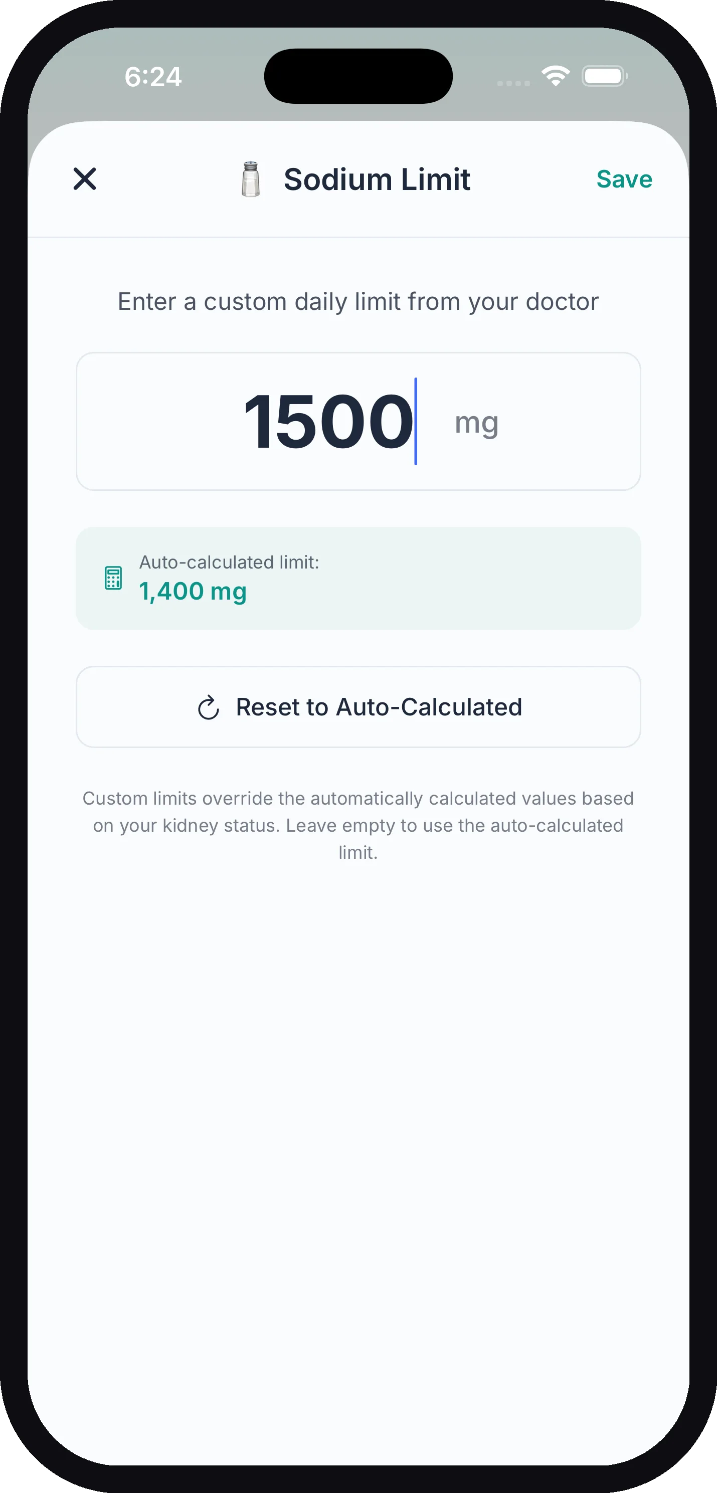 The Sodium Limit editor with a custom value entered, the auto-calculated limit shown below, and a Reset to Auto-Calculated button
