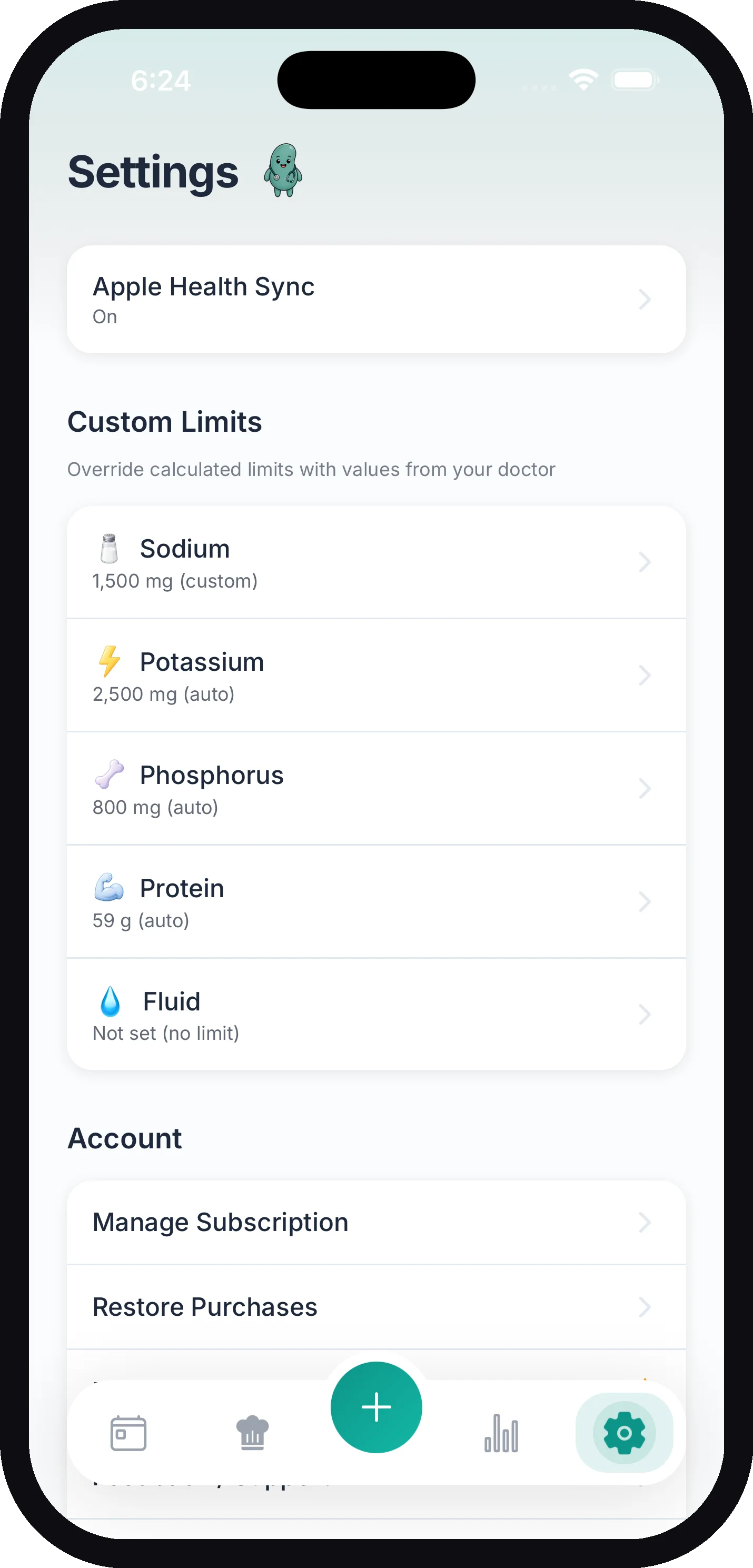 The Custom Limits section in Settings with sodium set to a custom 1,500 mg and the other nutrients on auto