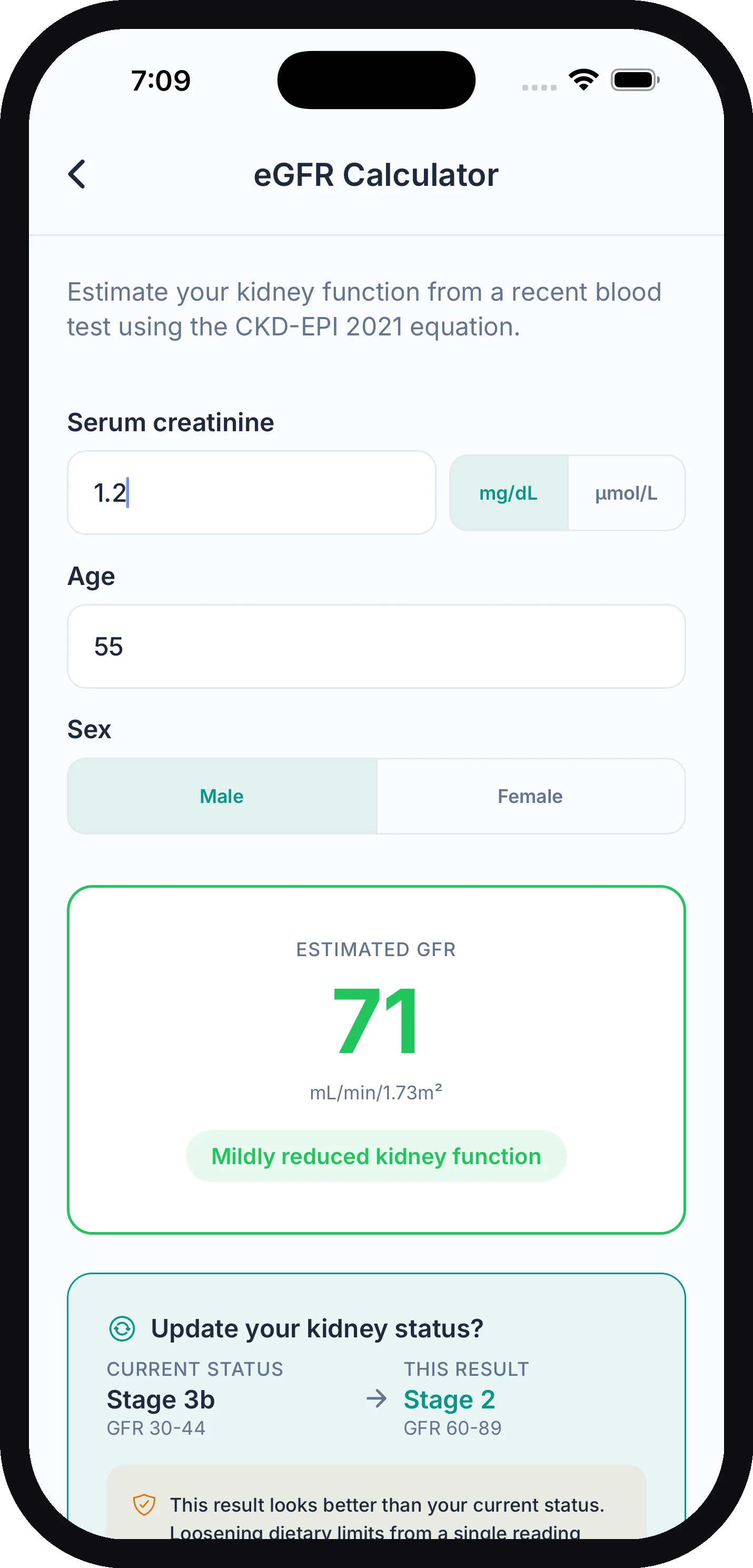 The eGFR Calculator with sample lab values entered, an estimated GFR of 71, and the update kidney status offer