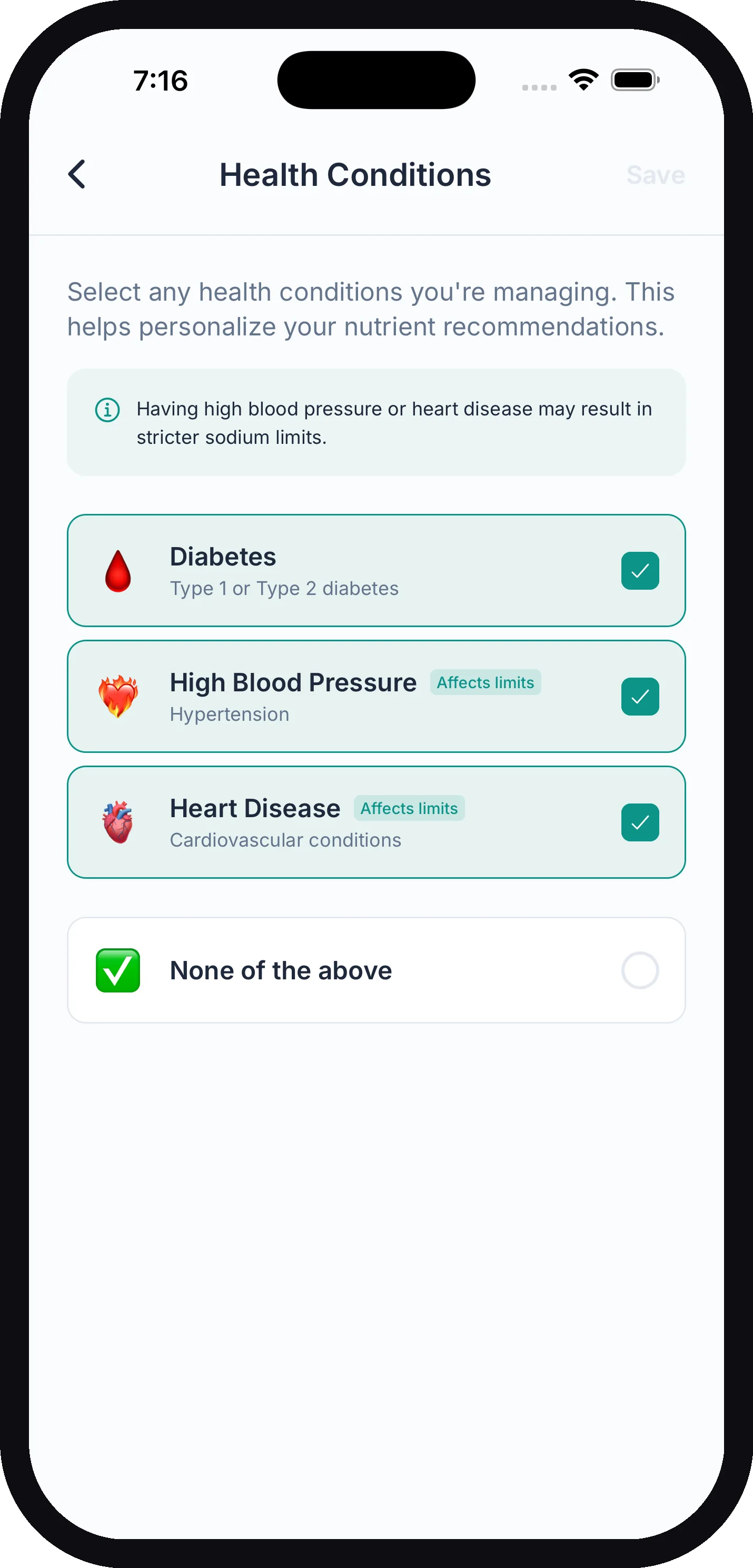 The Health Conditions screen with Diabetes, High Blood Pressure, and Heart Disease selected