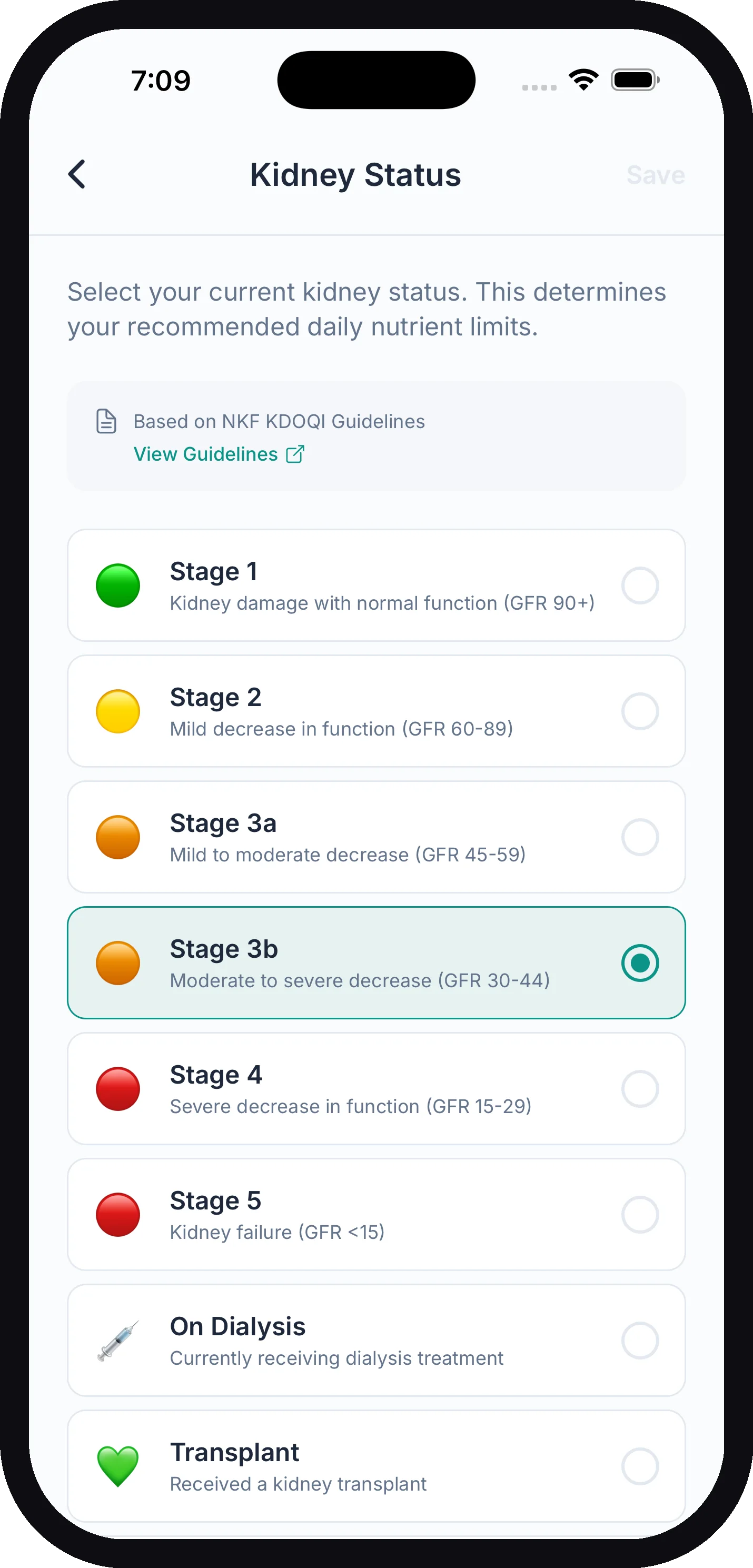 The Kidney Status screen listing CKD stages with Stage 3b selected and the NKF KDOQI guidelines note