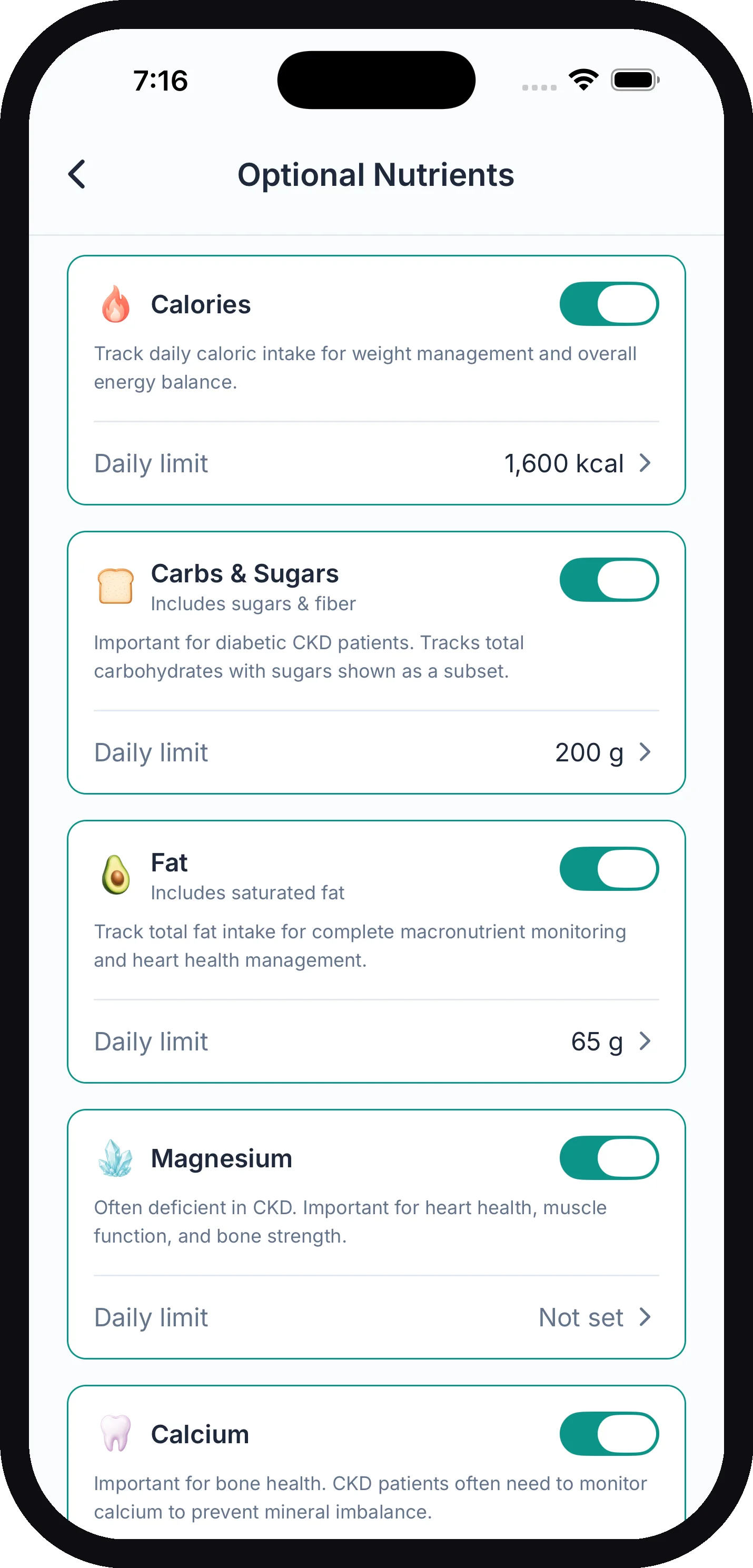 The Optional Nutrients screen with Calories, Carbs and Sugars, Fat, and Magnesium toggled on, each with a daily limit row
