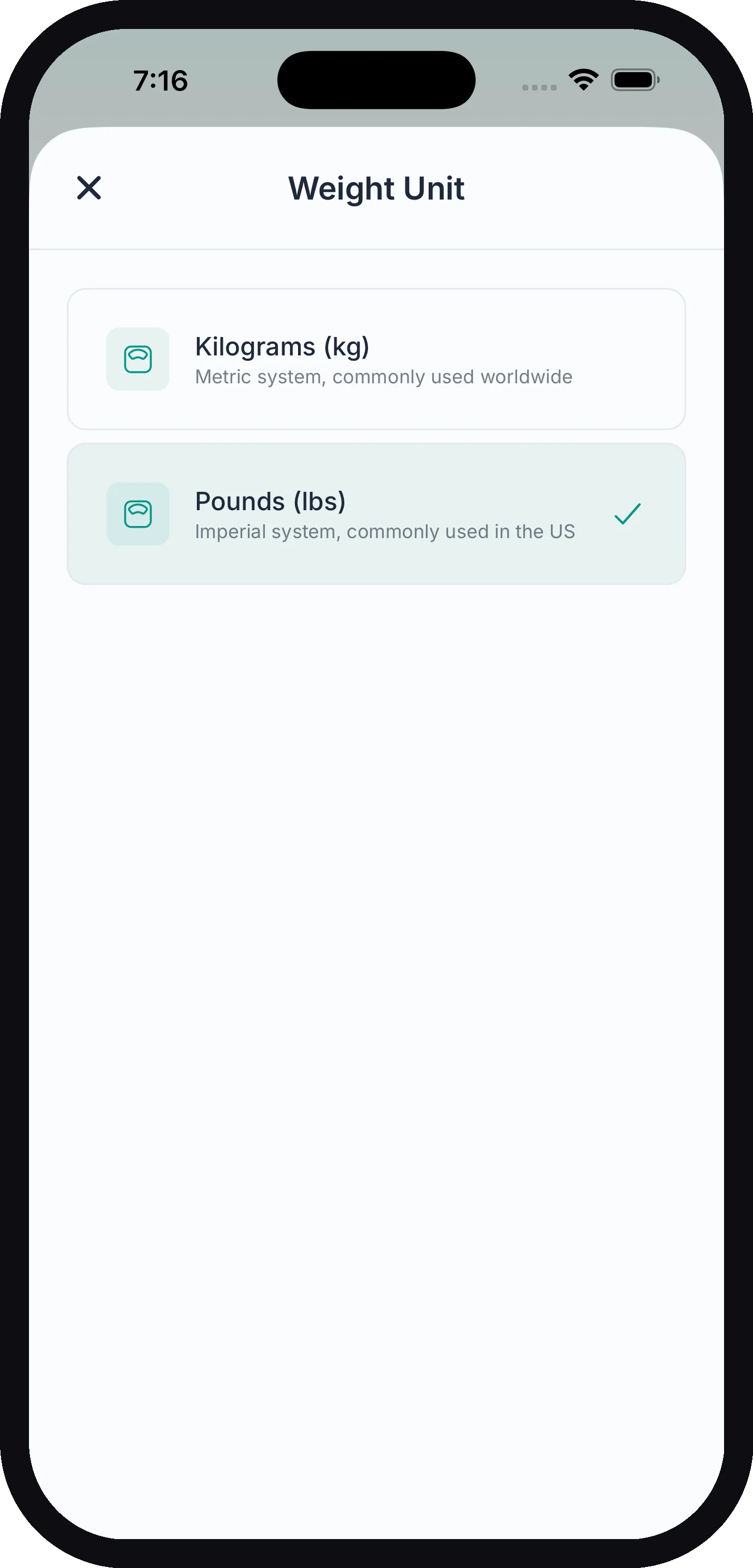 The Weight Unit picker in Settings with Kilograms and Pounds options